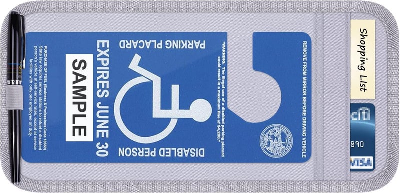 Wisdompro Handicap Placard Holder for Auto, Disabled Parking Permit Sign Protector for Car Sun Visor with Note Paper Slot, Pen Holder and Elastic Strap - Gray - Image 1